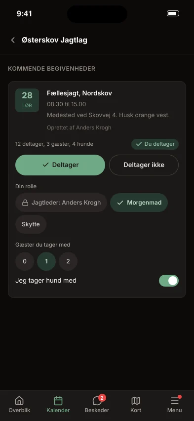 Fællesjagt i SheerHunt med tilmelding, roller, gæster og hund